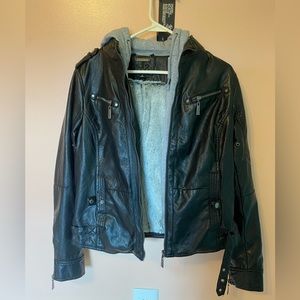Leather jacket with removable hood
